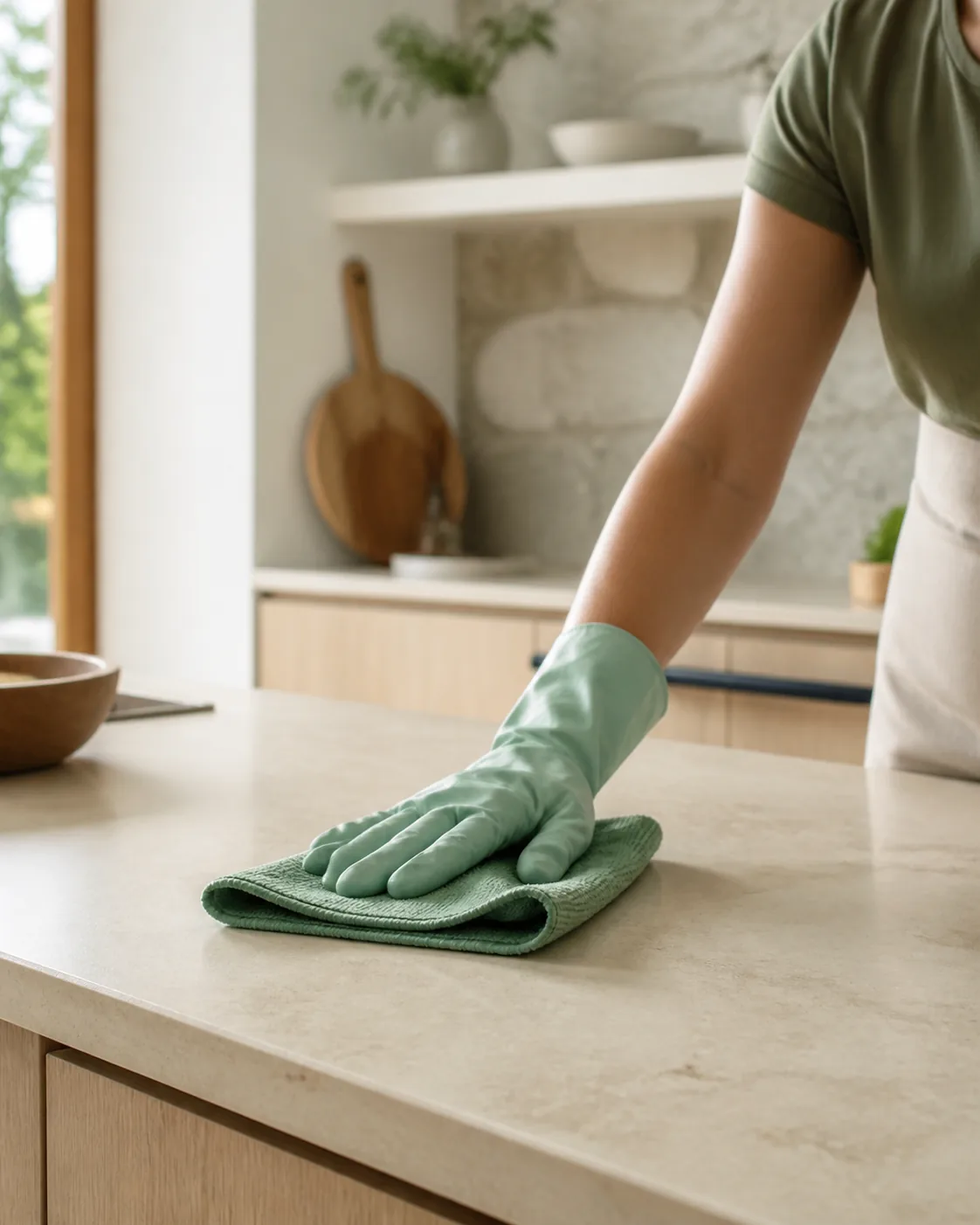 Profissional a limpar a bancada de uma cozinha luminosa