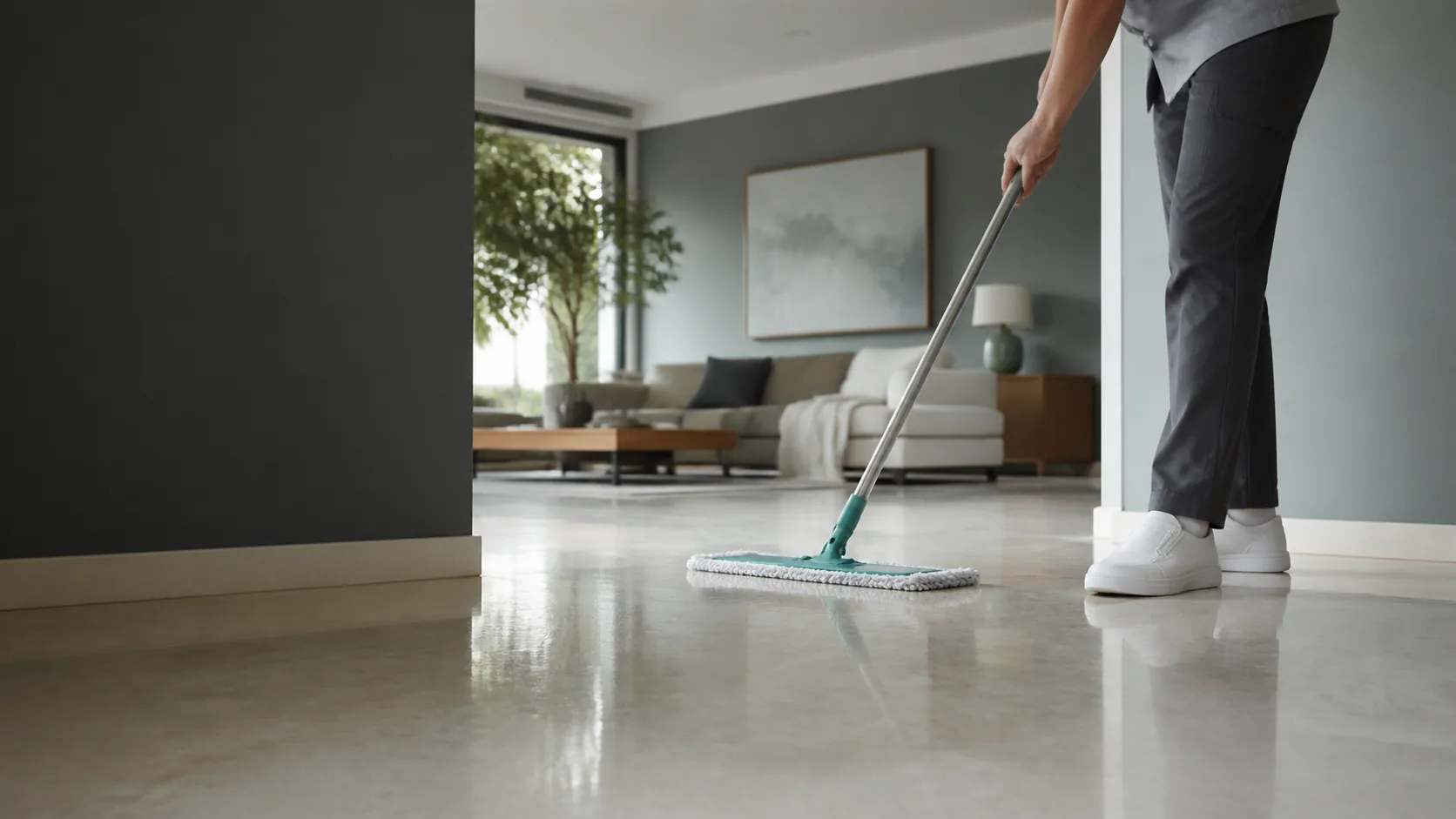 Profissional a limpar o pavimento de uma sala contemporânea